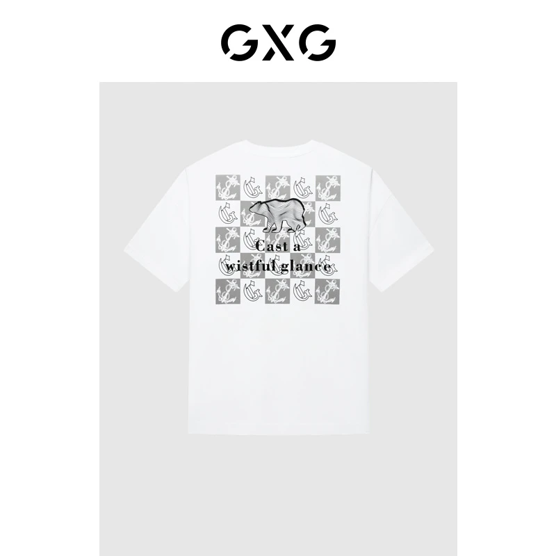 23年夏后背棋盘格印花潮流宽松情侣T恤短袖男简约#GED14416312