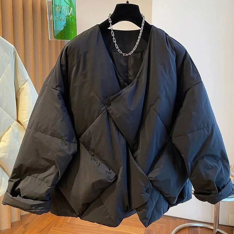 欧货高级设计感小众宽松休闲A字版V领羽绒服女冬季保暖羽绒服外套
