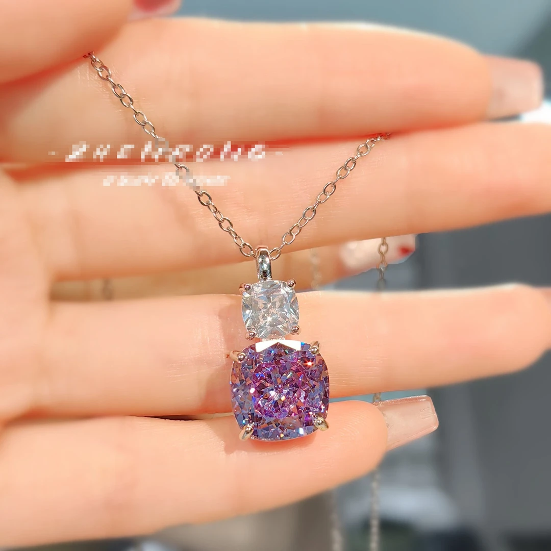 6019轻奢时尚气质紫色方形设计项链戒指两件套