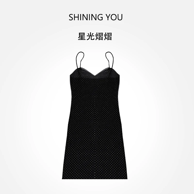 星光熠熠*性感烫钻闪亮显瘦吊带连衣裙女纯欲风V领网纱修身睡裙