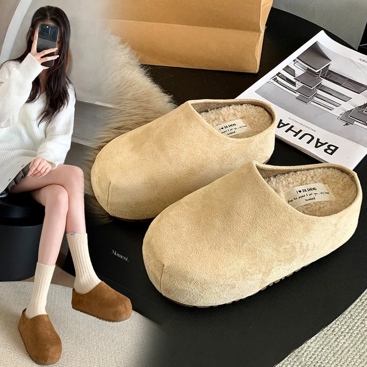 休闲时尚2024年秋冬季新款厚底增高磨砂皮大头包头拖舒适防滑软底