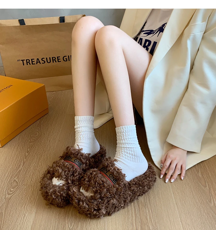 时尚外穿泰迪卷毛毛拖鞋2024新款网红带字母厚底百搭防滑毛绒保暖