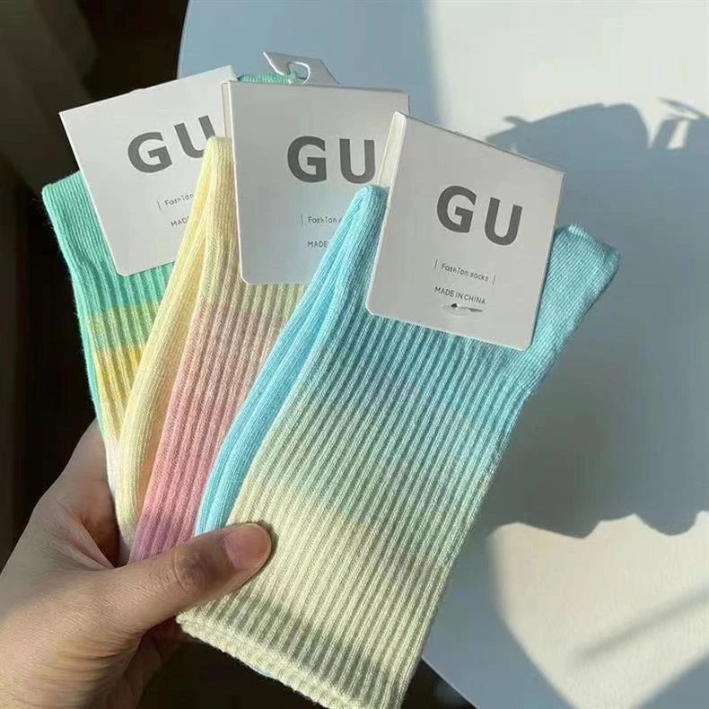 秋冬袜子女高颜值简约糖果色运动袜扎染渐变色中筒袜舒适潮学院风