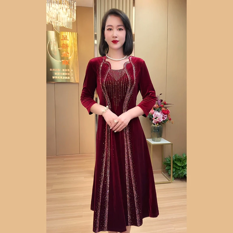 高贵气质结婚秋冬显瘦中长款婚宴长裙时尚喜婆婆喜妈妈婚礼礼服裙