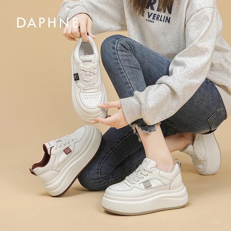 达芙妮真皮增高小白鞋女冬季时尚加绒保暖板鞋休闲鞋防滑女鞋ＸＭ