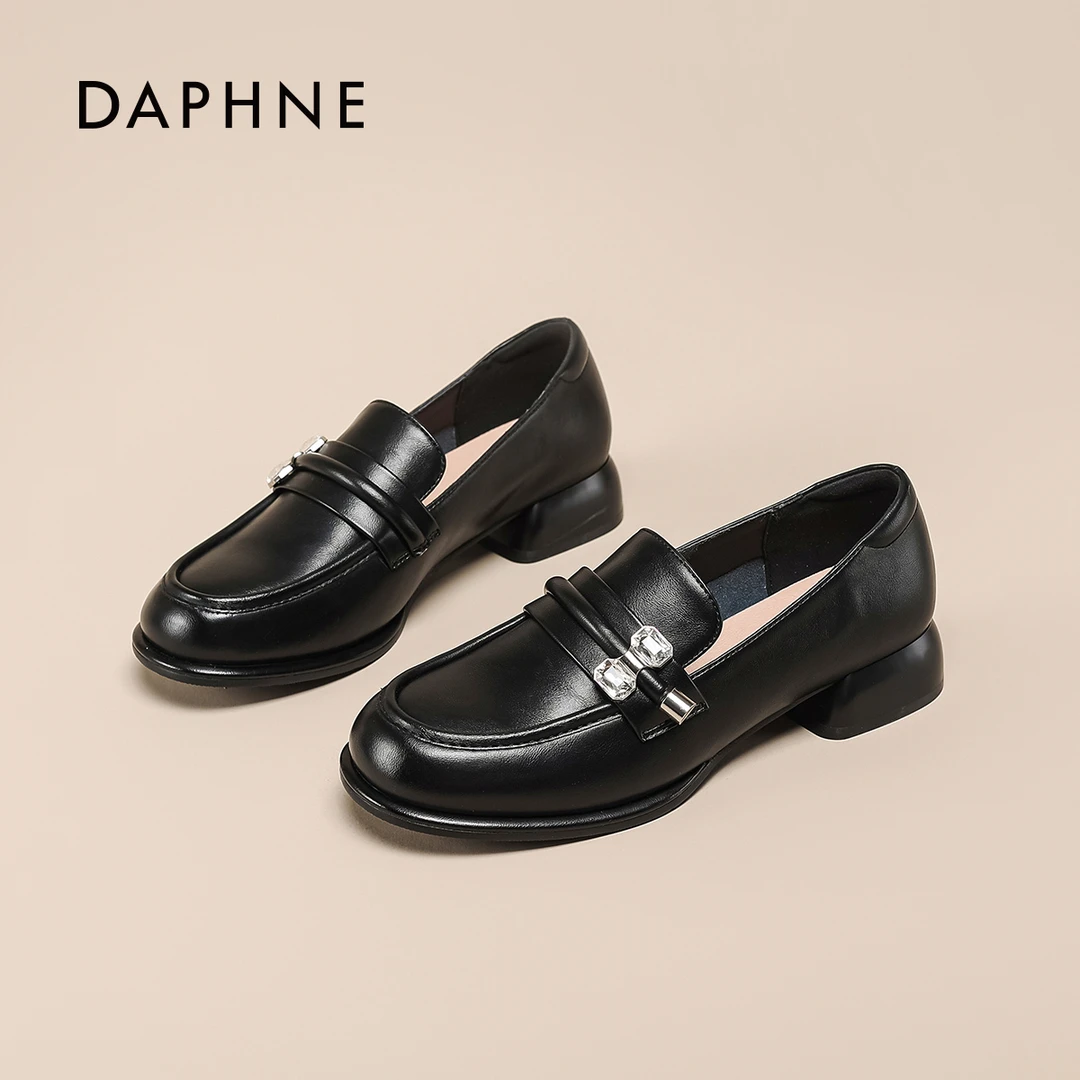 达芙妮厚底黑色小皮鞋女2025新款四季复古英伦风系带乐福鞋女单鞋