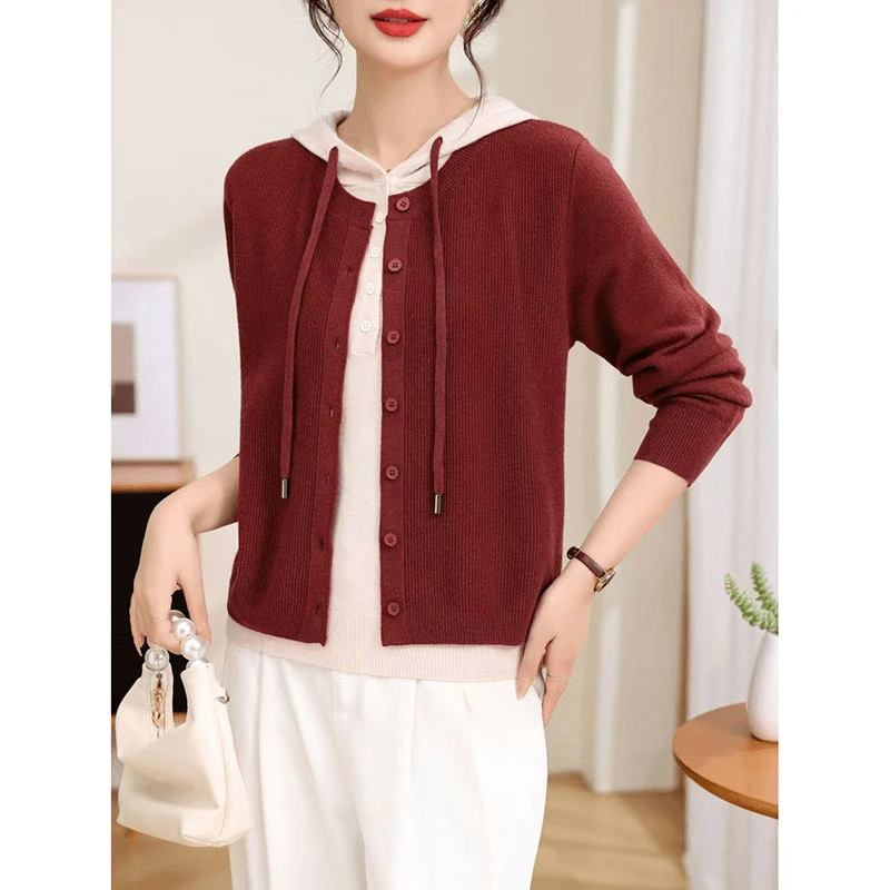 假两件开衫撞色连帽抽绳针织衫女秋冬长袖套头毛衣设计感长袖上衣