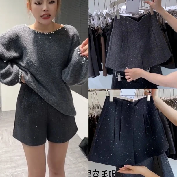 王永家~冬季新款设计感亮片阔腿裤短裤女9069