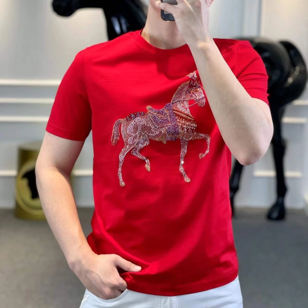 <古帝特尼>潮流百搭个性男士时尚烫钻修身圆领韩版短袖T恤Z+28128