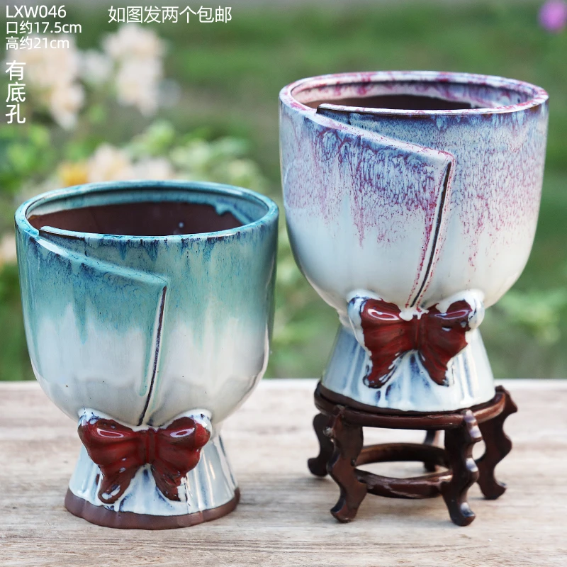 创意网红手捧手工兰花多肉绿植法师大口径蘑菇透气粗陶户外016