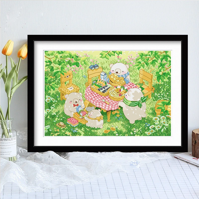 十字绣新款线绣满绣小幅可爱小白熊野餐客厅儿童房手工自己绣