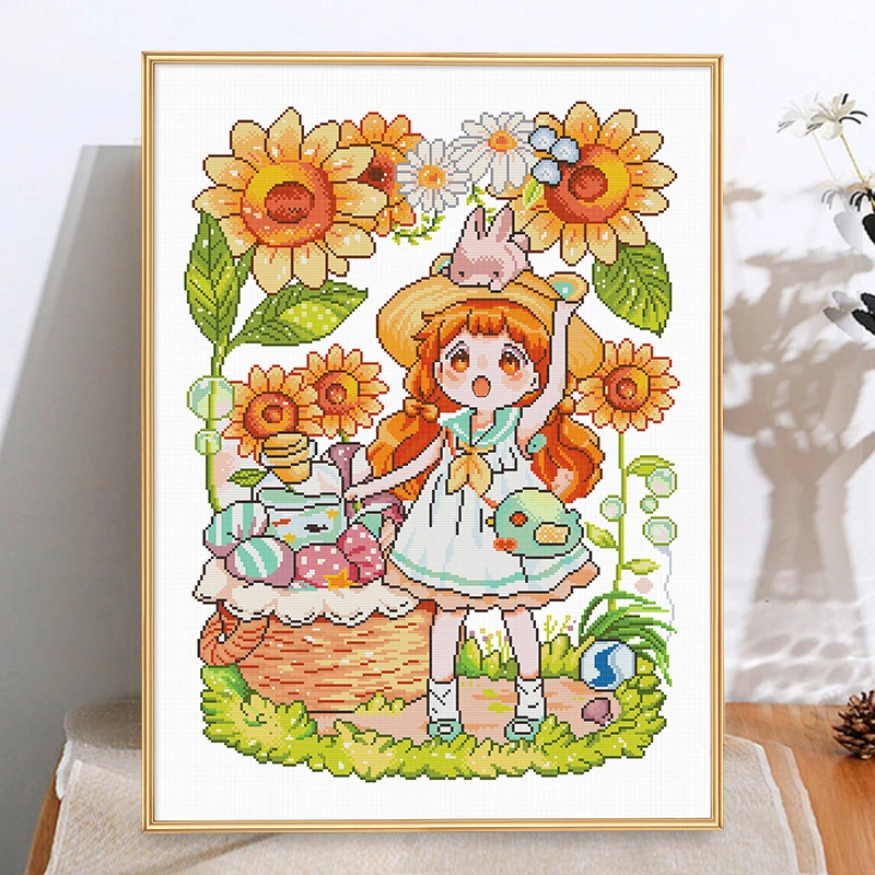 春天十字绣向日葵女孩客厅卧室自己绣小件新款线绣手工卡通可爱