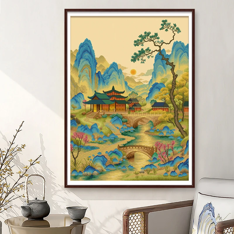 春天十字绣2025新款线绣客厅玄关风景青绿山河千里中国风自己绣
