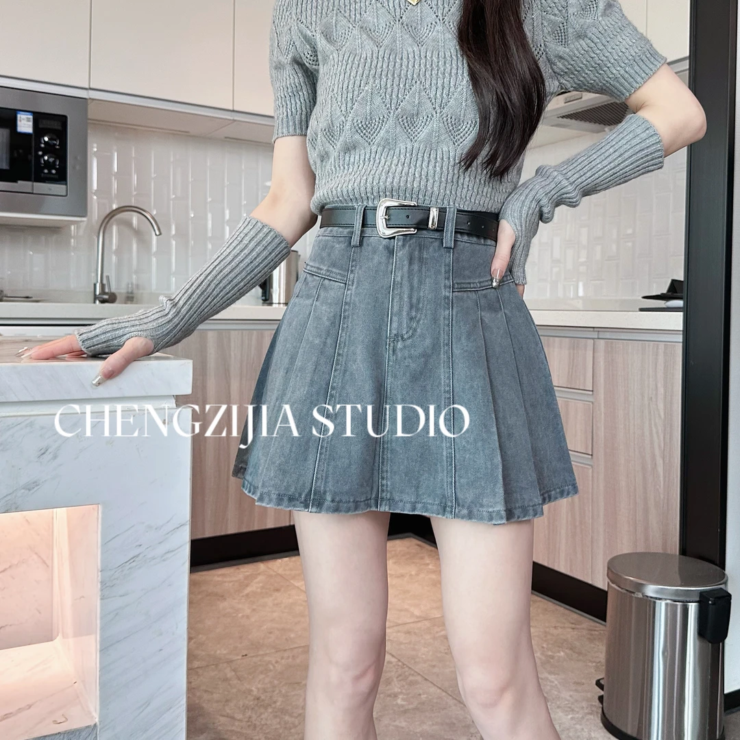 QZ0174甜酷高腰百褶裙牛仔裙