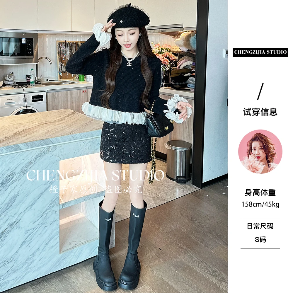 【裴诗婷】橙子·studio 【山茶花】MY0364圆领亮丝花瓣毛衣