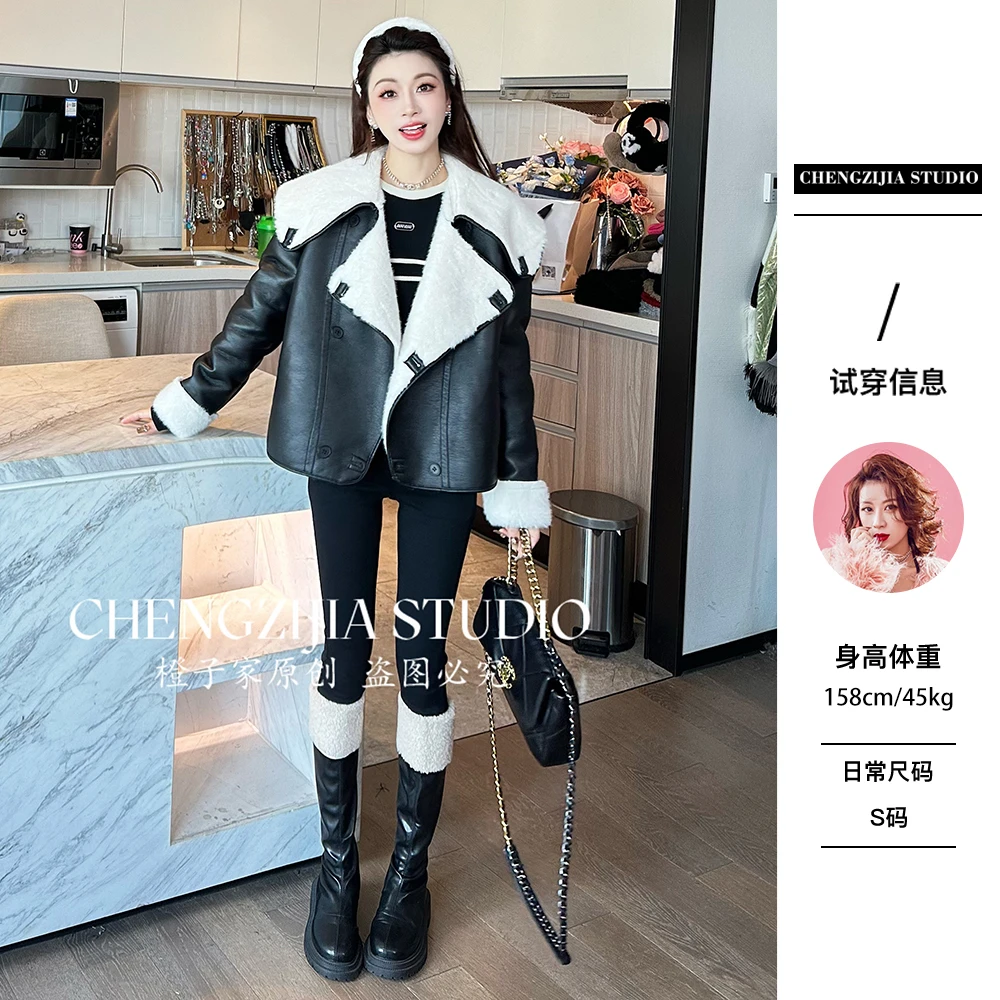 【裴诗婷】橙子·studio【冬日爱丁堡】WT0410翻领拼接皮衣外套