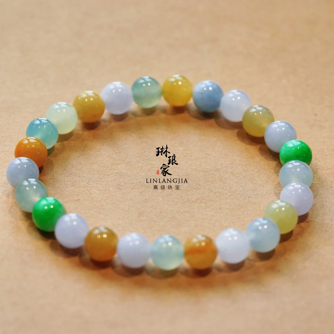 水果硬糖 翡翠天然无烧色多宝圆珠手串 卡7.5-8mm