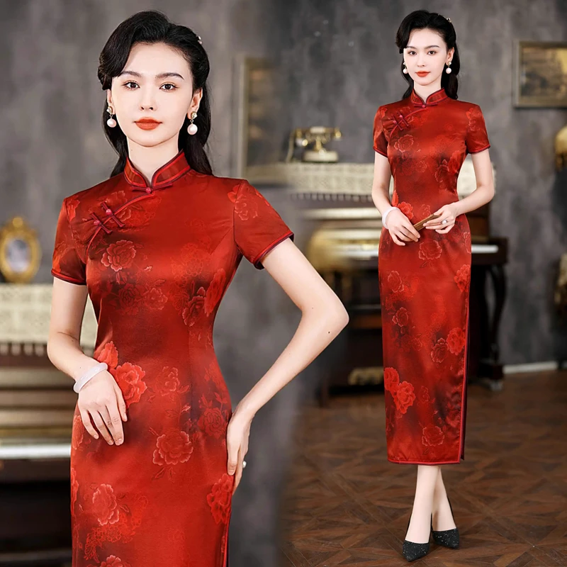 高档真丝婚宴旗袍长款修身显瘦复古印花喜婆婆妈妈桑蚕丝婚礼服夏