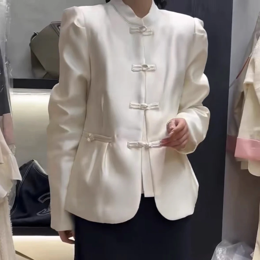 李李 法式复古国风珠光缎面泡泡袖外套