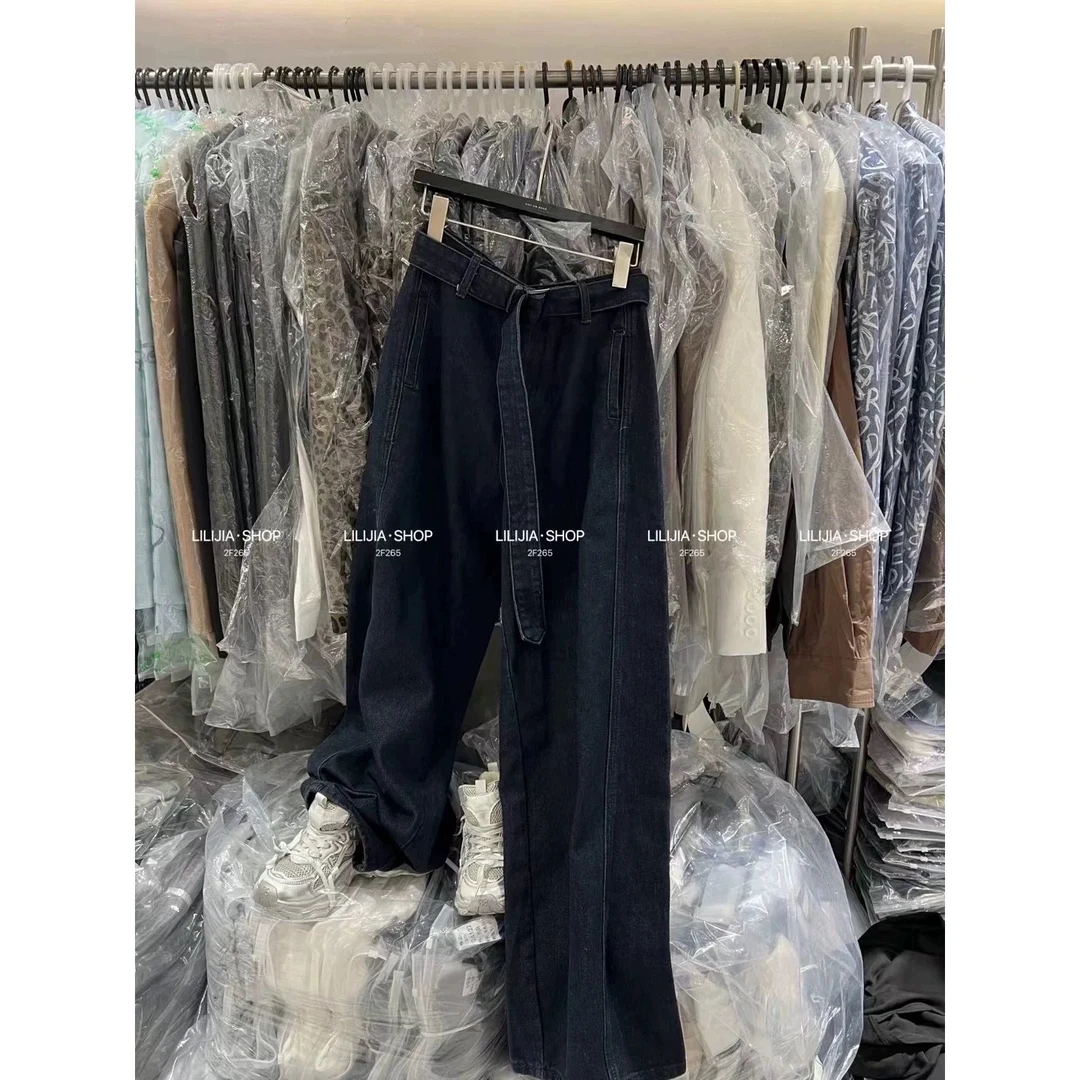 李李 韩国东大门加绒设计感小众直筒阔腿牛仔裤女韩版腰带长裤