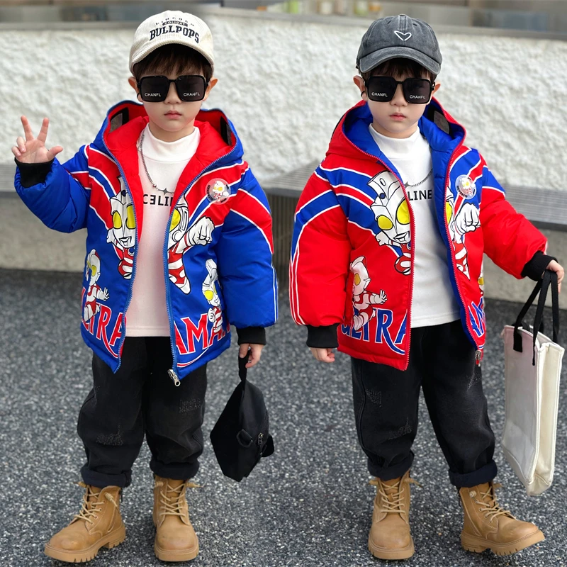 冬季新款男童亮灯奥特曼洋气加棉加厚保暖两面穿潮酷儿童连帽棉服