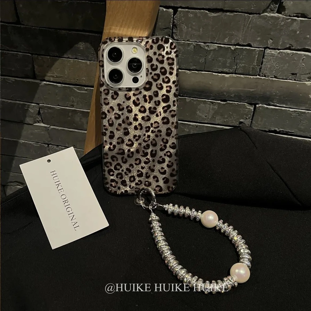 个性羽纱豹纹适用于苹果15手机壳iPhone14小众13高级12带手链11女