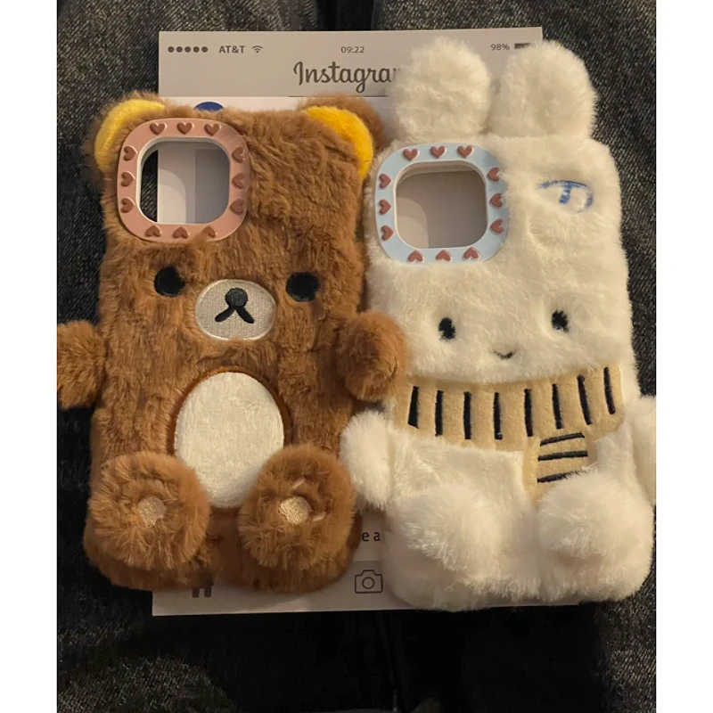秋冬立体毛绒轻松熊兔子适用于苹果16手机壳iPhone14/13防摔15软