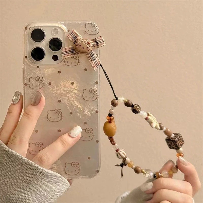 棕色波点卡通kt猫带链条适用iPhone16promax苹果15手机壳14新款13