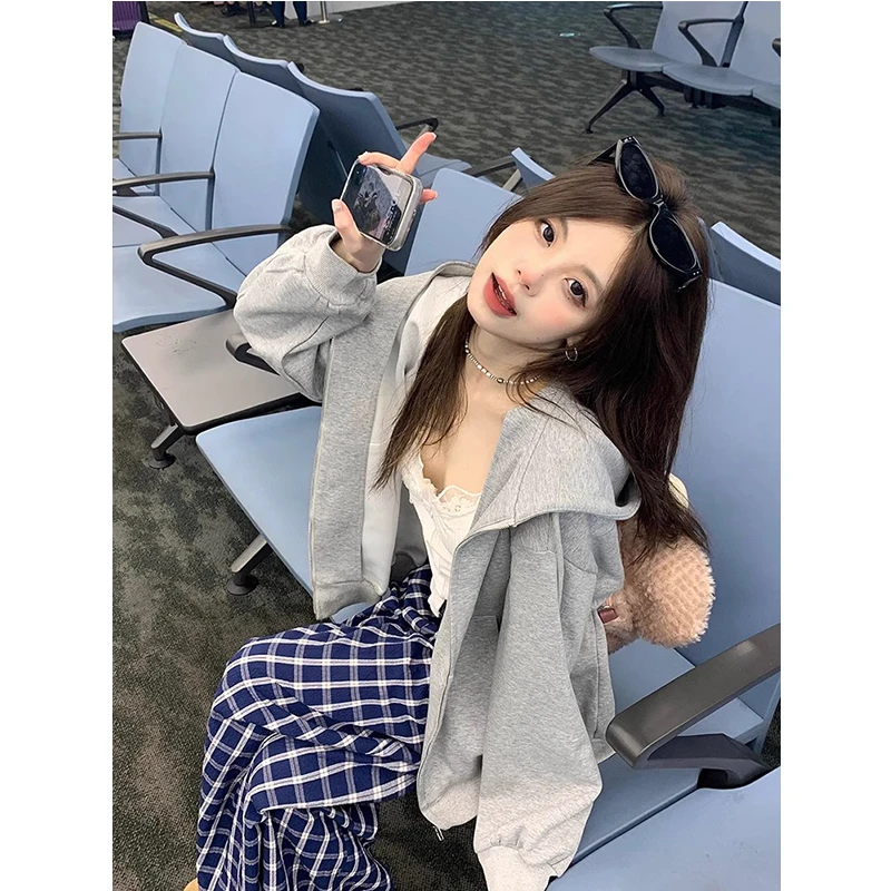 花灰色初秋穿搭卫衣韩系慵懒风cleanfit廓形开衫外套男重磅连帽衫