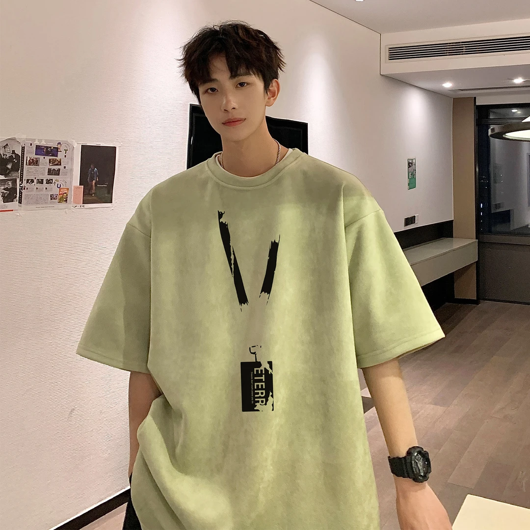 牛油果绿麂皮绒t恤男夏季情侣重磅上衣潮流多巴胺穿搭小领口短袖