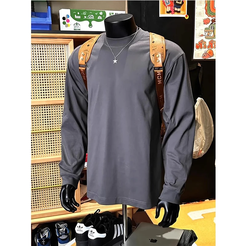 cleanfit深灰色重磅长袖t恤男春秋季美式圆领纯棉卫衣内搭打底衫