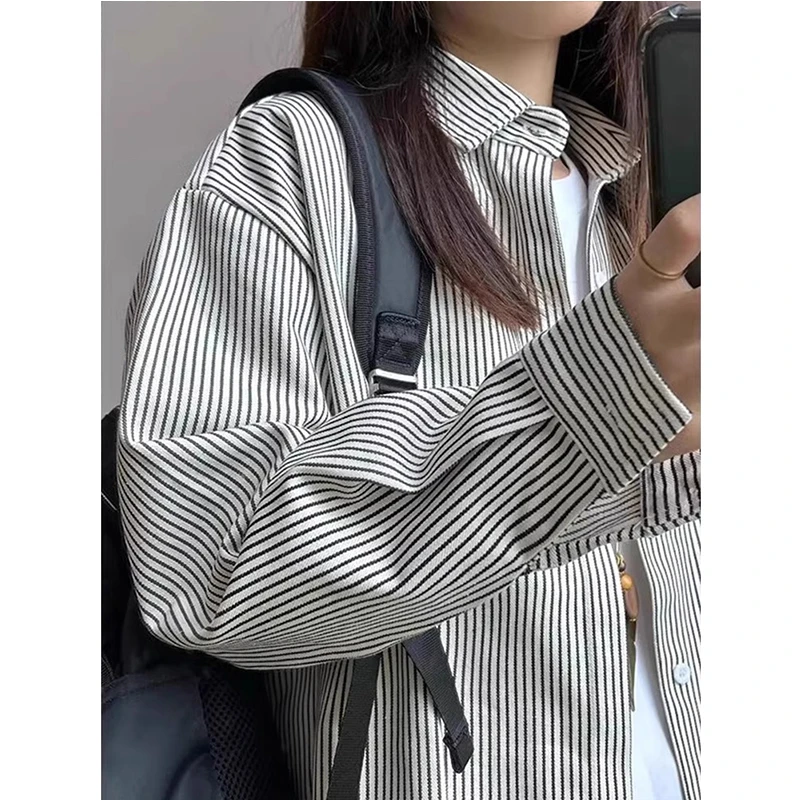 黑白条纹衬衫男长袖春秋季美式复古衬衣vintage宽松情侣休闲外套