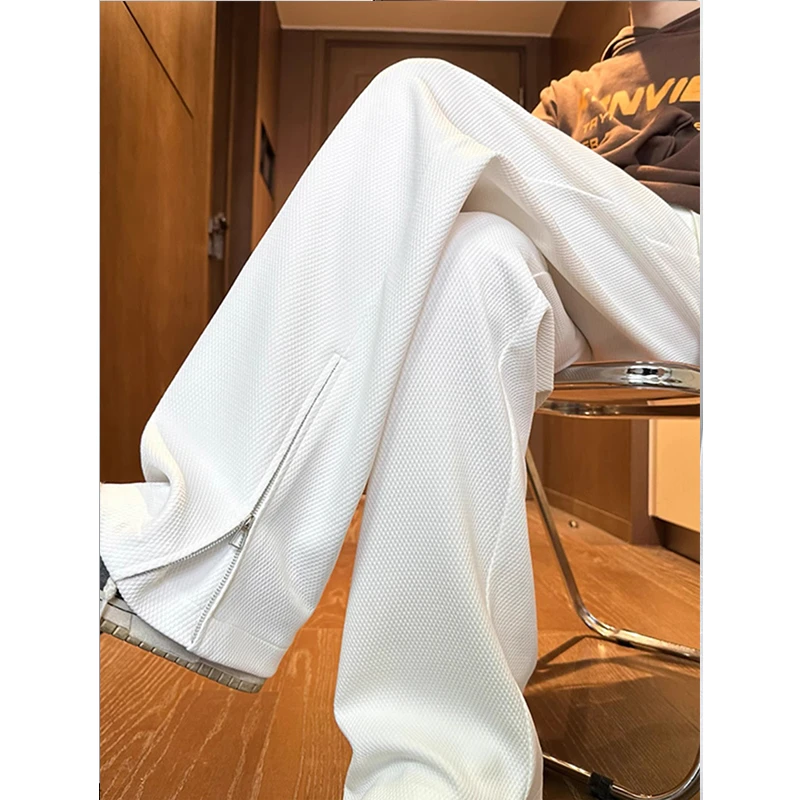 白色微喇裤子男夏季直筒宽松阔腿裤美式高街潮牌拉链开叉休闲卫裤