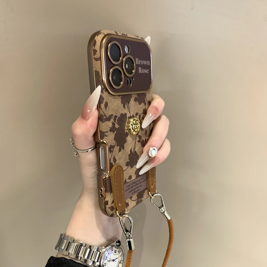 复古文艺棕色玫瑰花适用苹果16手机壳iPhone15ProMax高级14Pro女