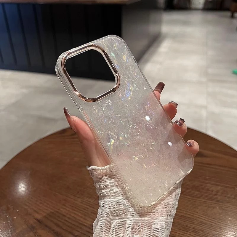 ins风闪粉贝壳纹适用iPhone15pro手机壳高级感苹果13promax新14女