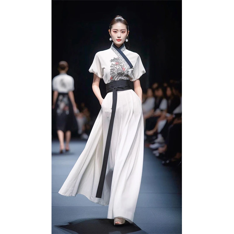 新中式国风女装2023改良汉服白色连衣裙马面裙套装成人女新款夏装