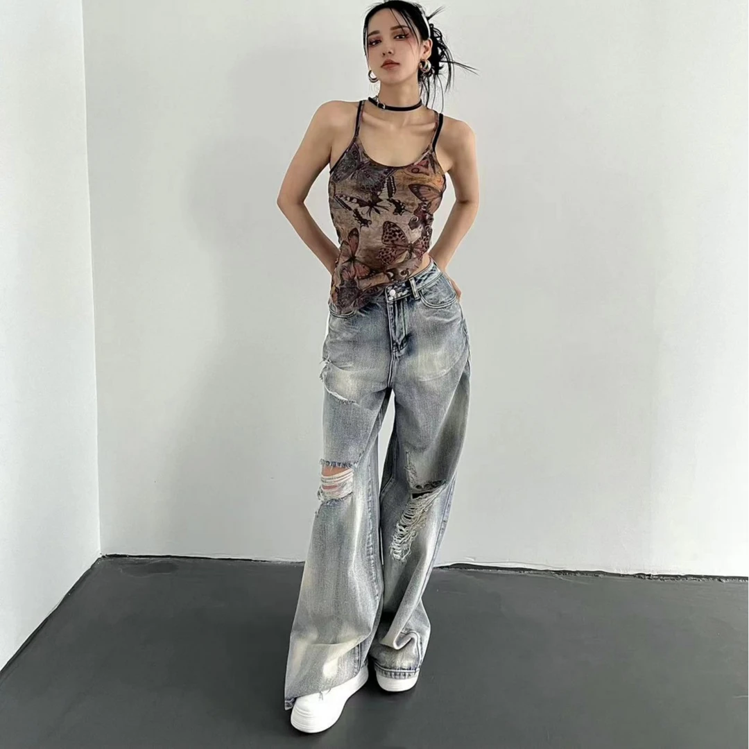 高个子宽松高腰阔版辣妹牛仔裤