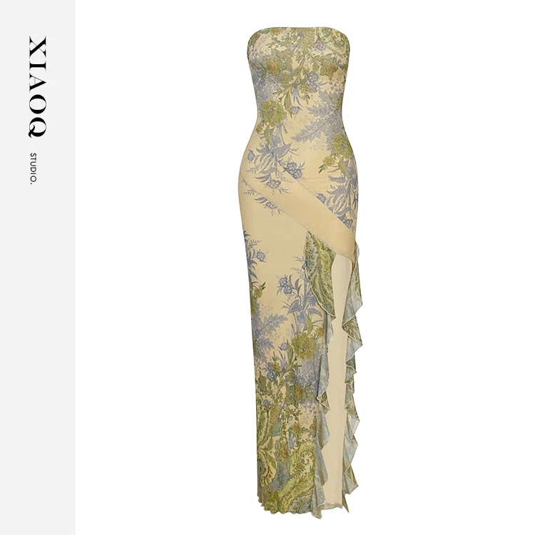 【小Q家】35218  法式抹胸印花高开叉荷叶边连衣裙T