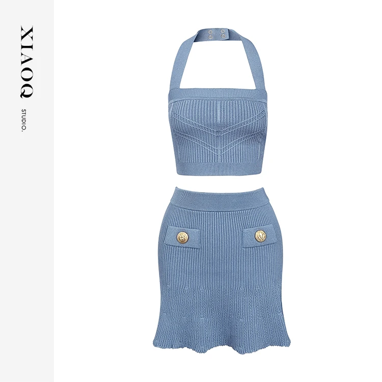 【小Q家】94862千金感气质金扣挂脖针织背心+小A半身裙套装女夏T