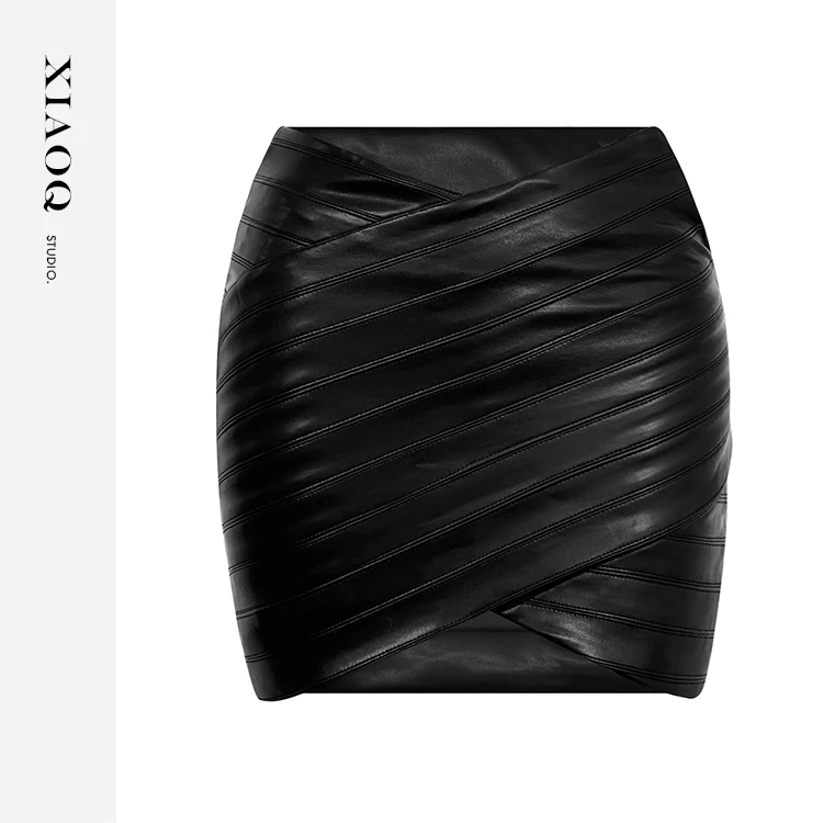 【小Q家】11850 气质优雅高腰半身裙交叉绗缝包臀短款皮裙T