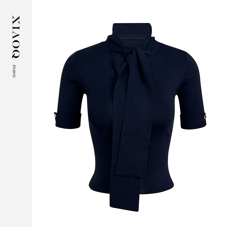 【小Q家】80667法式高级感气质飘带短袖针织衫T