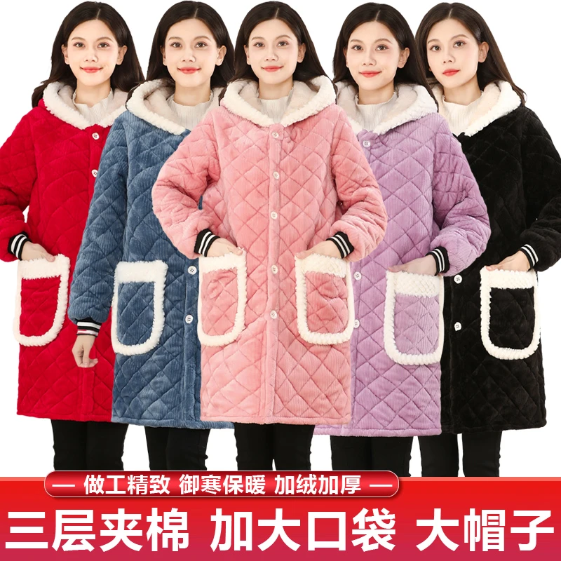 冬季三层加绒加厚长袖罩衣女外穿夹棉大口袋成人保暖时尚工作服女