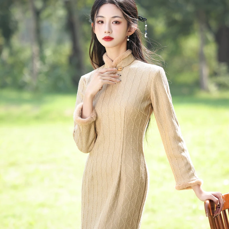 旗袍气质国风中长款后开叉加绒修身加厚日常秋冬款显瘦保暖