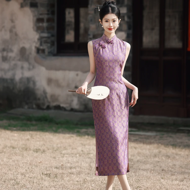 紫色贵气显瘦旗袍气质时尚夏季中长款修身日常中国风1012