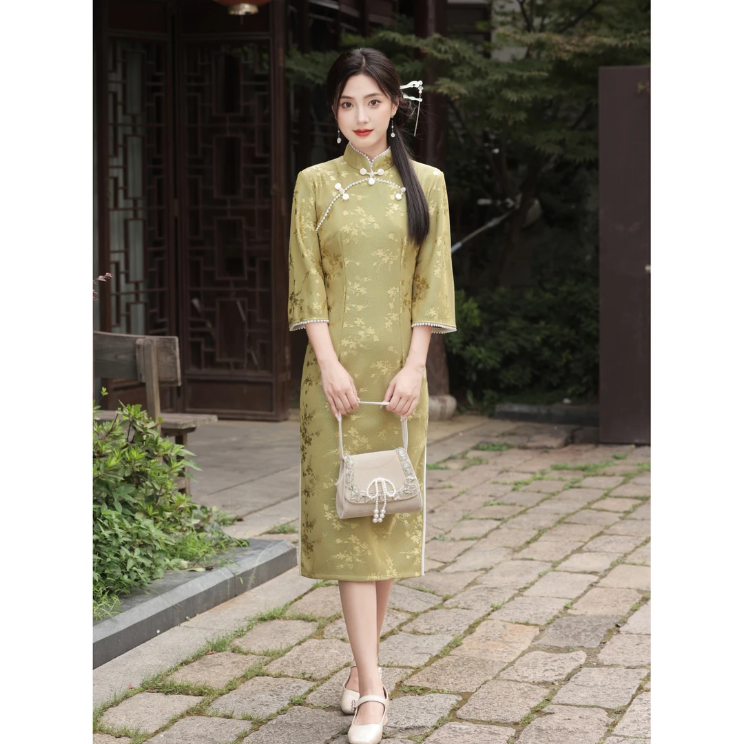 绿色旗袍气质夏季少女复古中长款日常优雅中式修身显瘦时尚