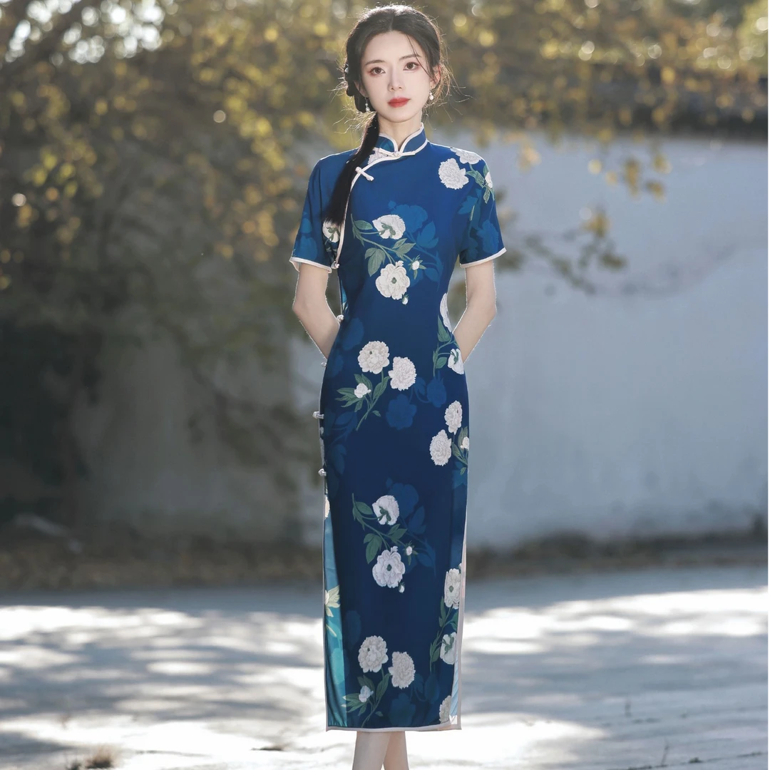 蓝色开襟旗袍气质夏季少女复古中长款日常优雅中式修身显瘦时尚