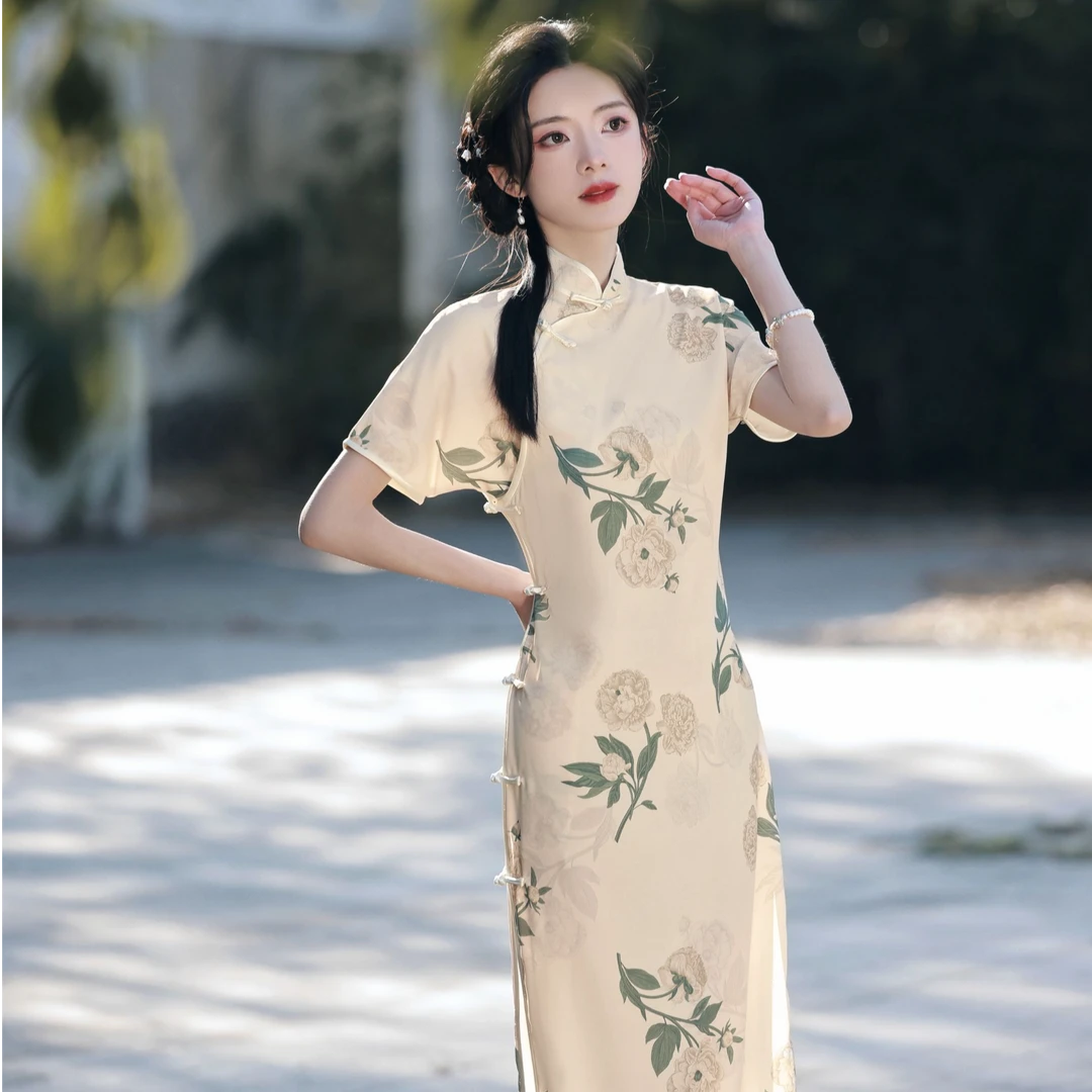 黄色开襟旗袍气质夏季少女复古中长款日常优雅中式修身显瘦时尚