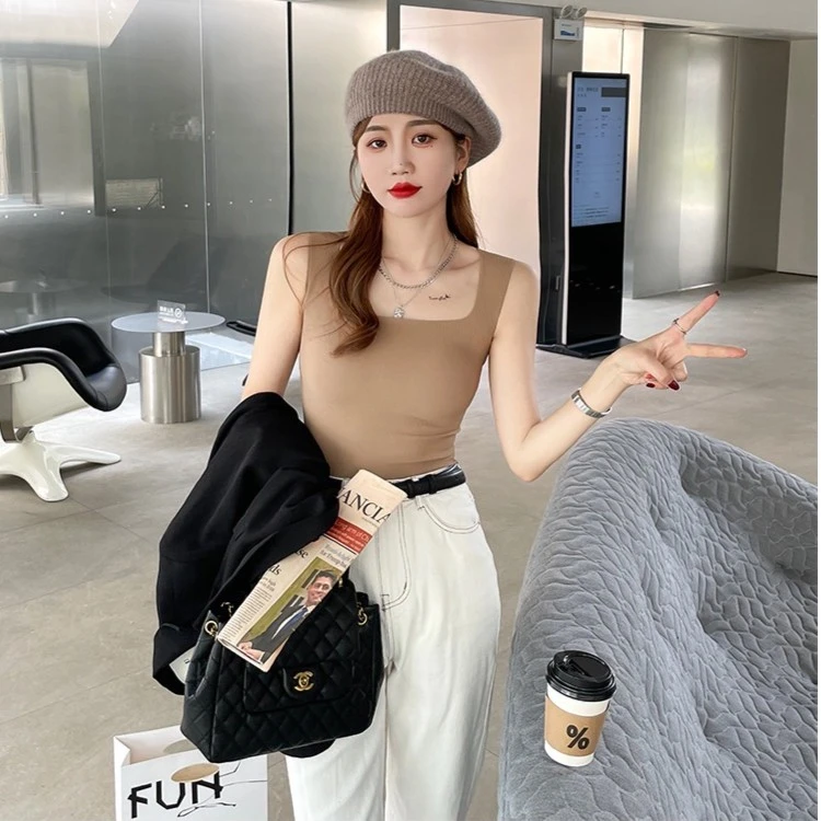 可外穿方领背心带胸垫打底夏季修身无袖显瘦短款美背网红薄款女士