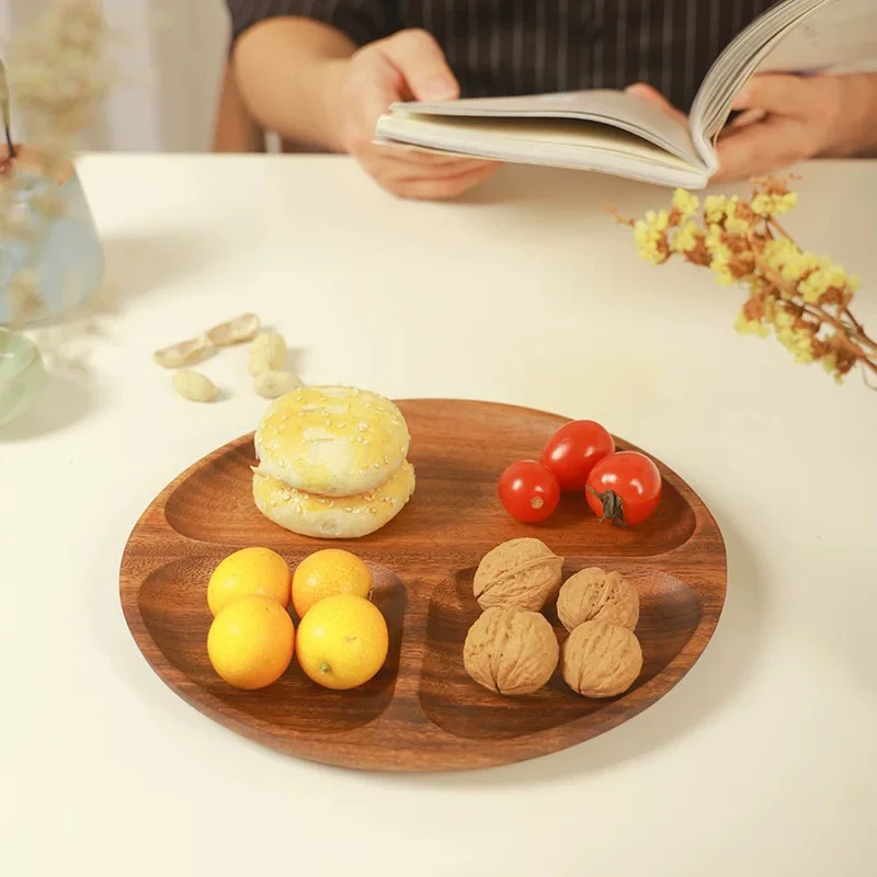 南美胡桃木圆形三格水果糕点盘-20*2cm