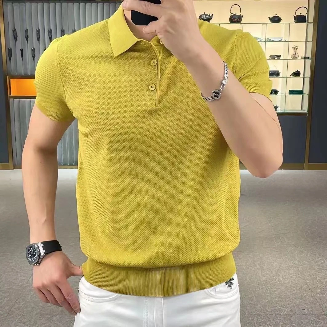 夏季新品男士菠萝纹短袖针织衫时尚修身舒适高级感简约个性保罗衫